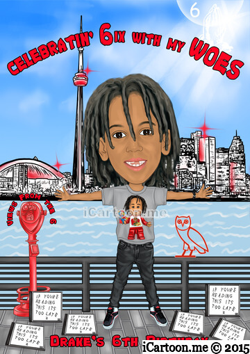 Birthday caricature gift - arm stretched out like owing the Toronto Skyline
