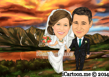 Caricature for wedding guest book - a Colorado sunset with the Rocky Mountains in the background