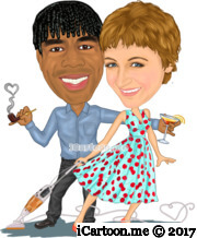 couple love caricature with heart, cocktail and cleaner