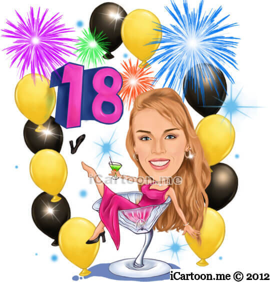 Birthday caricature - in a seated position in a wide fluted glass