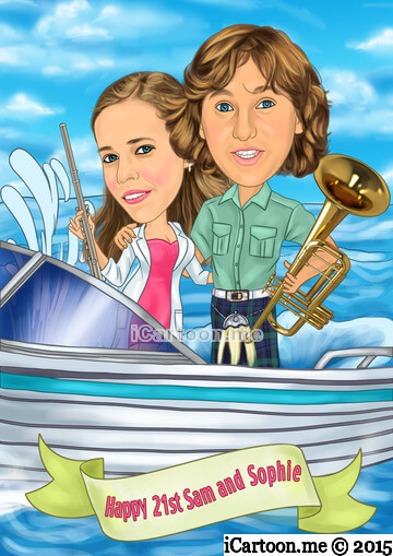 Turn photo to cartoon for 21st birthday - couple in boat