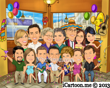 Family caricature for 60th wedding anniversary