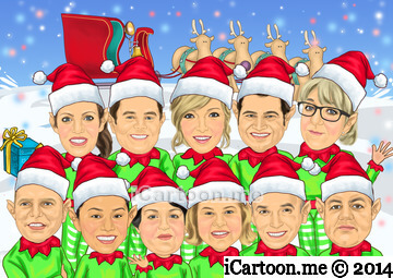 Group caricature for Christmas card - Elfs at front of sleigh