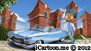 Business caricature for superhero music project standing in front of blue 59 Cadillac Eldorado