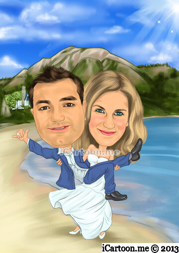 Wedding Invitation - bride to be holding the groom in a background with beach and mt. Olympus