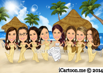 wedding caricature - bride and her 7 bridesmaids
