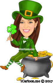 St. Patricks day in the green outfit with pot of gold caricature