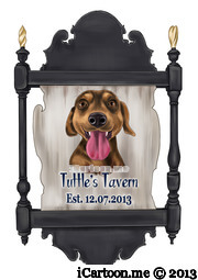 dog caricature in tavern sign hanging outside a pub