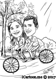 couple riding on a tandem bicycle in a park