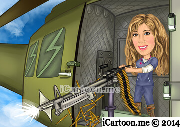 Caricature gift - A brave nurse standing in the Huey door firing the machine gun
