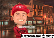 head and bust in red sweater sports clothing with a night street background