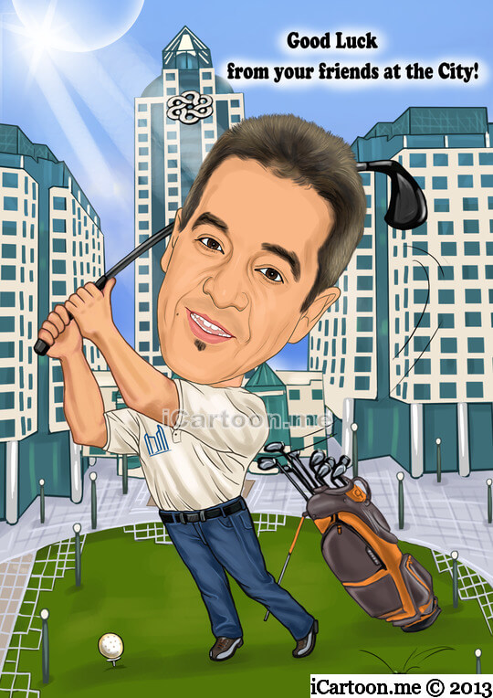 Retirement gift - swinging golf club with the Metro Hall building