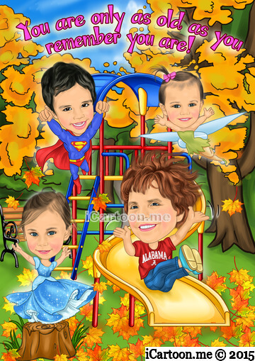 Picture to caricature for mother's 80th birthday - zipping down a curly yellow slide in a park with 3 great grandchildren