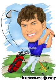 golf caricature on golf course with golf bag