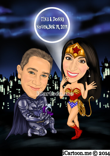 Caricature for save the date - batman proposing to wonder woman in a nighttime scene