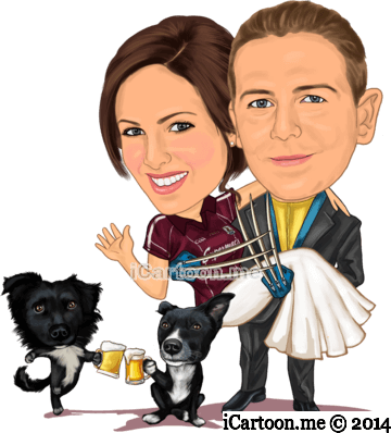 Wedding poster to direct guests to venue - Wolverine groom holding fiancee wearing Jersey and wedding dress with two dogs