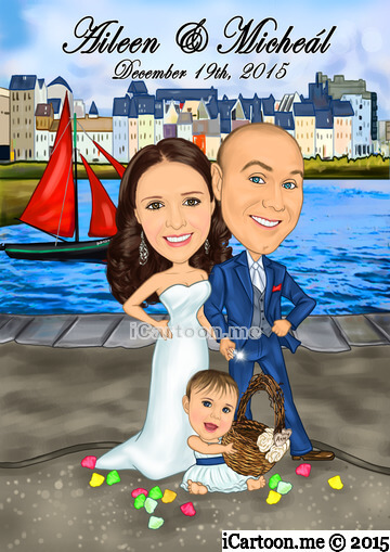 wedding caricature standing in front of sailboat and on Claddagh in Galway