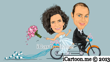 Tandem bicycle wedding caricature