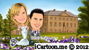 wedding caricature with ball and chain in front of building