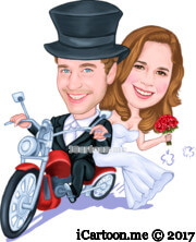 riding motorcycle wedding caricature in tux and wedding dress