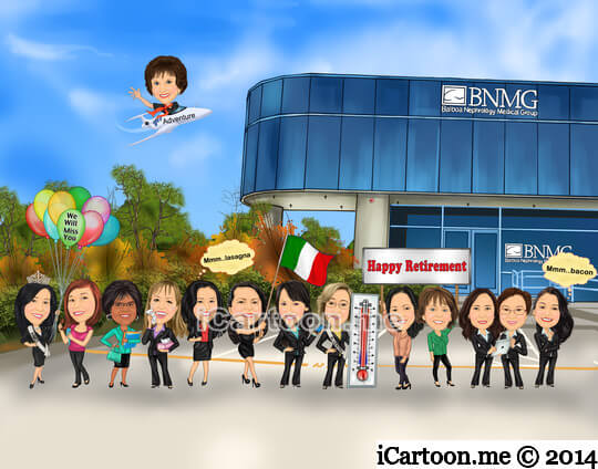 Retirement caricature gift - everyone standing in front of BNMG building with their individual poses. Plane flying