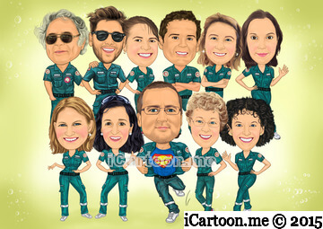 Group caricature - superman outfit underneath as the centre of the group in St John Uniform for Western Australia