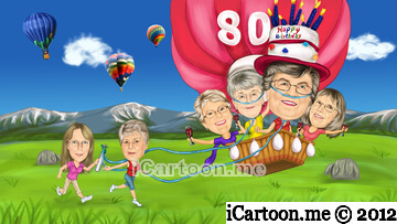 Birthday caricature gift - 80 on the hot air balloon