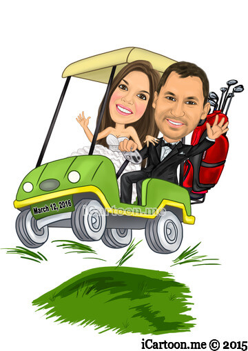 Wedding Caricature Invitation - sitting in a golf cart with a license plate