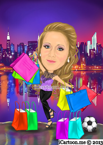 Drawing from photos - carrying loads of coloured shopping bags in front of New York skyline sunset