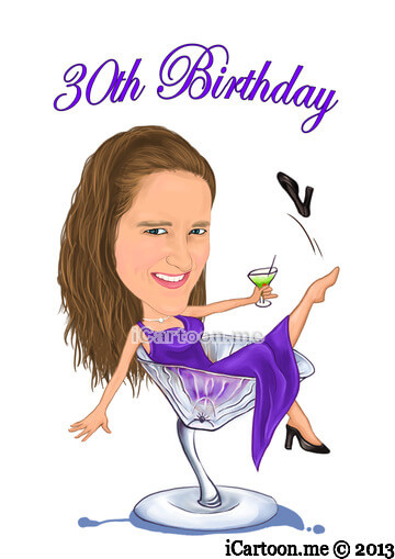 Birthday caricature - sitting in a martini glass celebrating