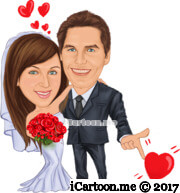 wedding caricature with finger pointing red hearts and red hearts bubbles