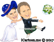first anniversary gift in wedding caricature with Australian flag hat and Irish skirt