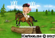 sitting on a horse and cupcake in hand with grass, trees and disco cloud