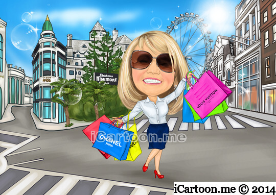 Custom caricature for retirement gift - shopping around the world including Rodeo Drive, Chateau Marmont, Bond Street and London Eye