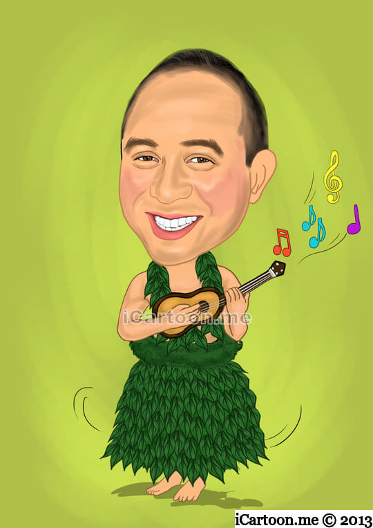 Retirement Caricature Gift - hula bobble doll strumming a uklele in hula skirt and dark green lei