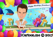 sitting on birthday background beside a pool with a towel, presents, Adelaide Crows logo