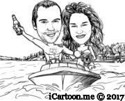 couple caricature in black and white sketch with boat, lake, bikini and lake house