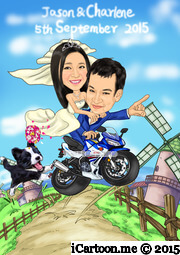 wedding caricature that groom and bride on motorcycle with a dog